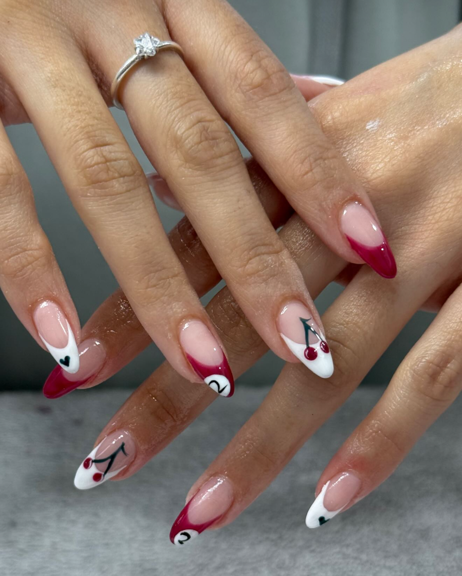 Cherry and heart French tips in red and white